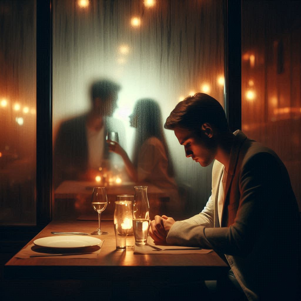 Homem solitário sentado à mesa de um restaurante à luz de velas, olhando para baixo com ar melancólico, enquanto ao fundo, através de um vidro embaçado, vê-se um casal trocando olhares românticos. A imagem sugere dor emocional e sentimentos de abandono ou traição.