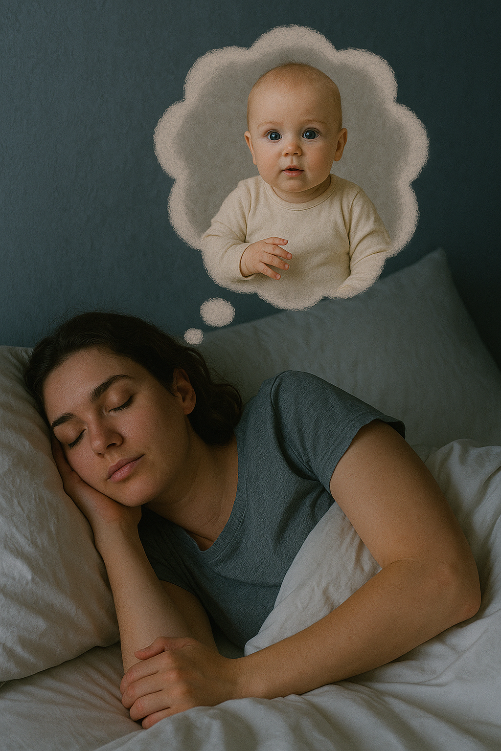 Mulher adormecida no sofá sonhando com um bebê, com balão de pensamento ilustrando o bebê, simbolizando desejo de maternidade ou necessidade de atenção emocional.