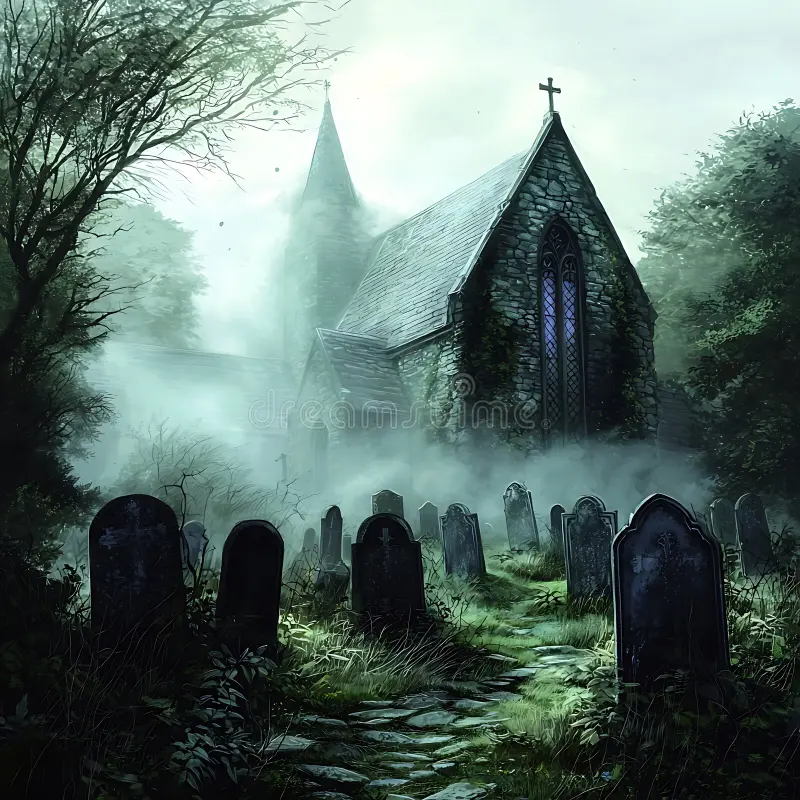 eerie-church-misty-graveyard-uma-pintura-digital-que-retrata-igreja-gótica-envolta-em-neblina-aninhada-um-cemitério-378827347