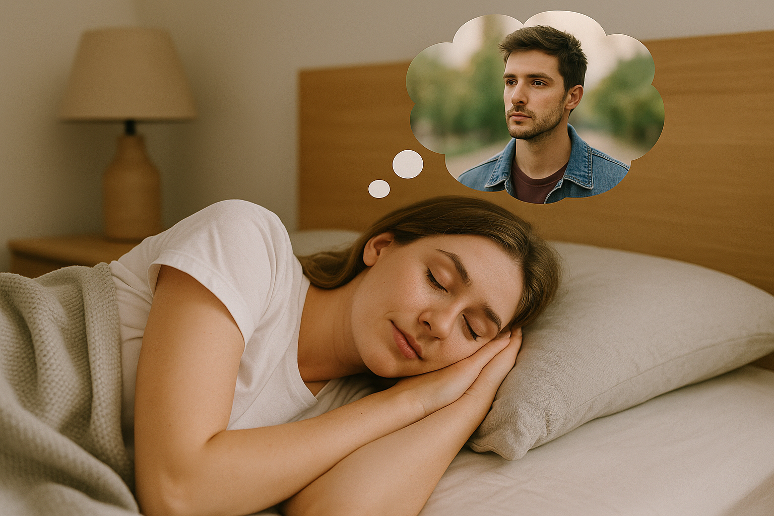 Mulher deitada em uma cama com lençóis claros, dormindo com leve sorriso. No balão de pensamento acima dela aparece um homem com olhar distante, remetendo à figura de um ex-namorado, reforçando o tema de sonhos com antigos relacionamentos.
