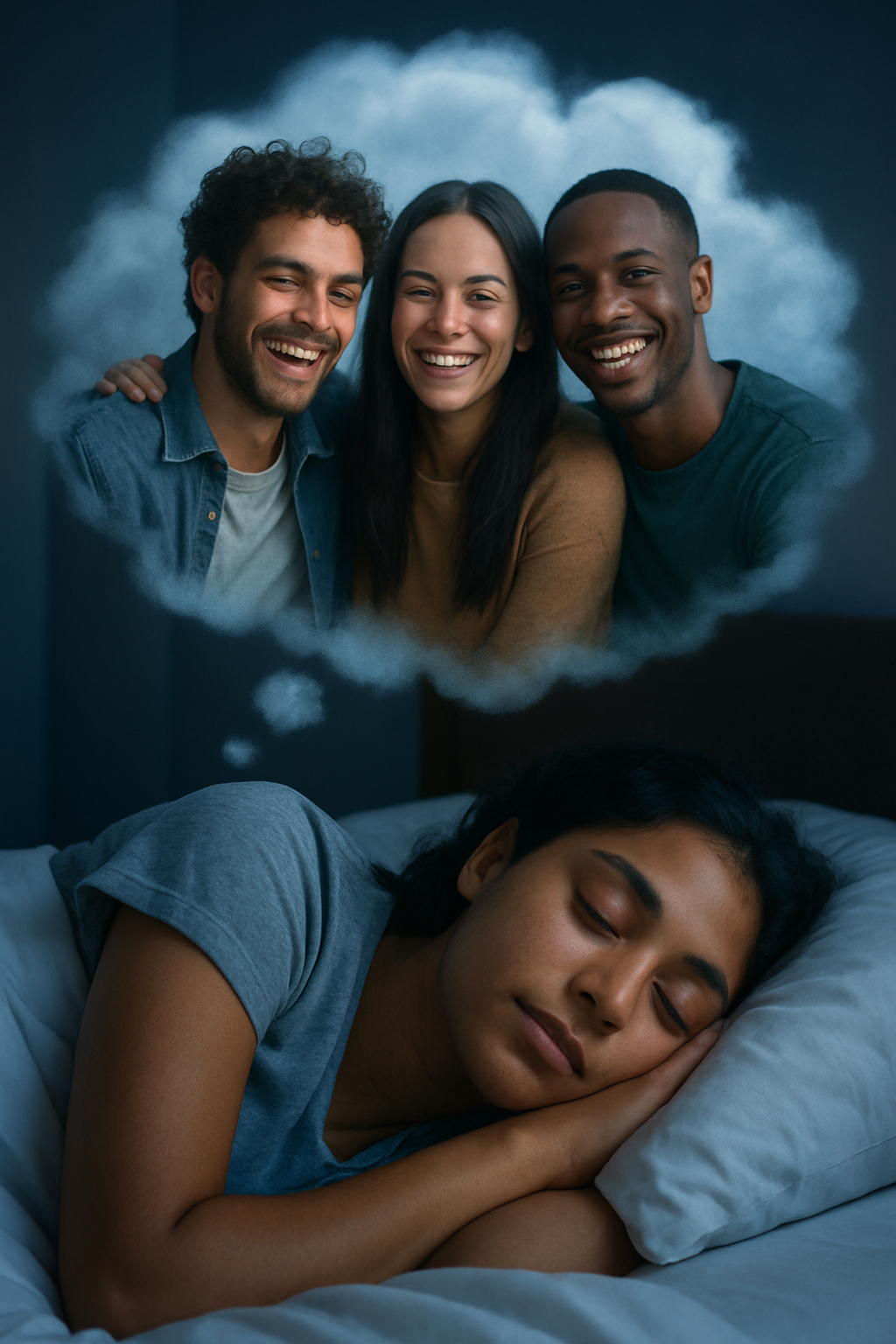 Mulher jovem dormindo serenamente em um quarto escuro, com expressão tranquila. Acima dela, um balão de sonho revela três amigos sorrindo e se abraçando com alegria, simbolizando uma lembrança ou sonho feliz