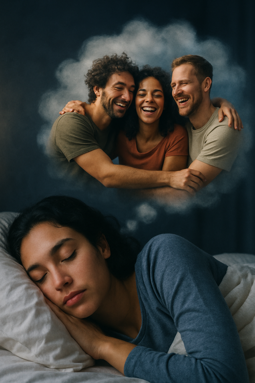 Mulher jovem dormindo serenamente em um quarto escuro, com expressão tranquila. Acima dela, um balão de sonho revela três amigos sorrindo e se abraçando com alegria, simbolizando uma lembrança ou sonho feliz.