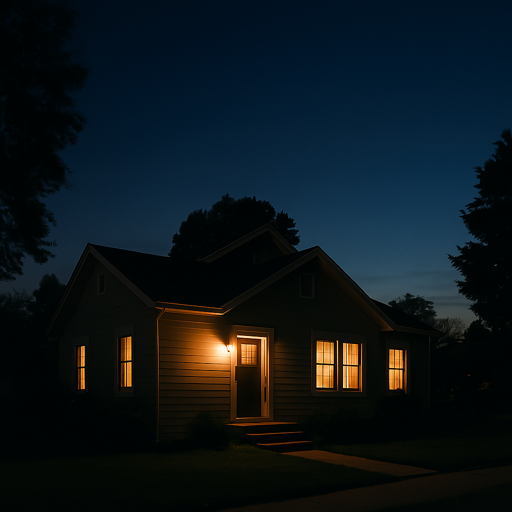 imagem de uma casa tranquila à noite, representando o significado de sonhar com casa no mundo dos sonhos.