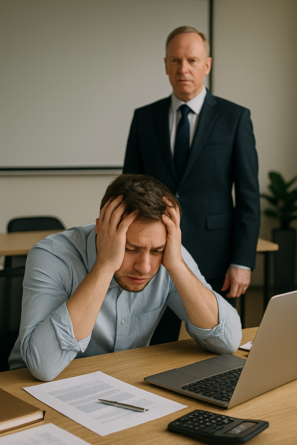 Homem com expressão de estresse, segurando a cabeça com as mãos diante de um notebook e papéis, com chefe de terno ao fundo observando.