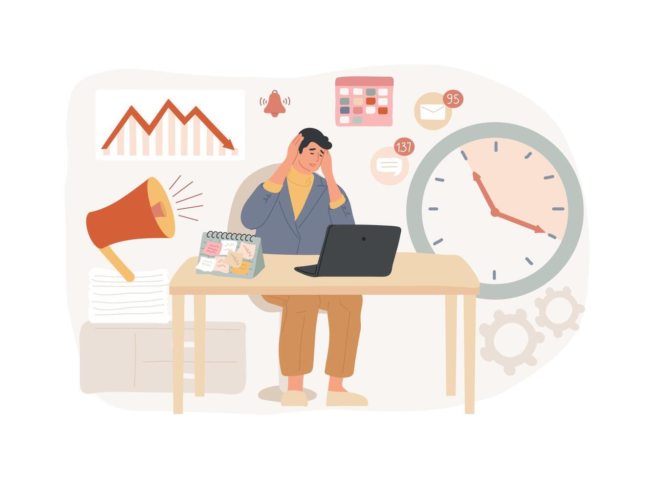 sonhar com chefe Homem jovem dormindo sobre a mesa do escritório, aparentando exaustão, enquanto um chefe de terno observa ao fundo com expressão séria.