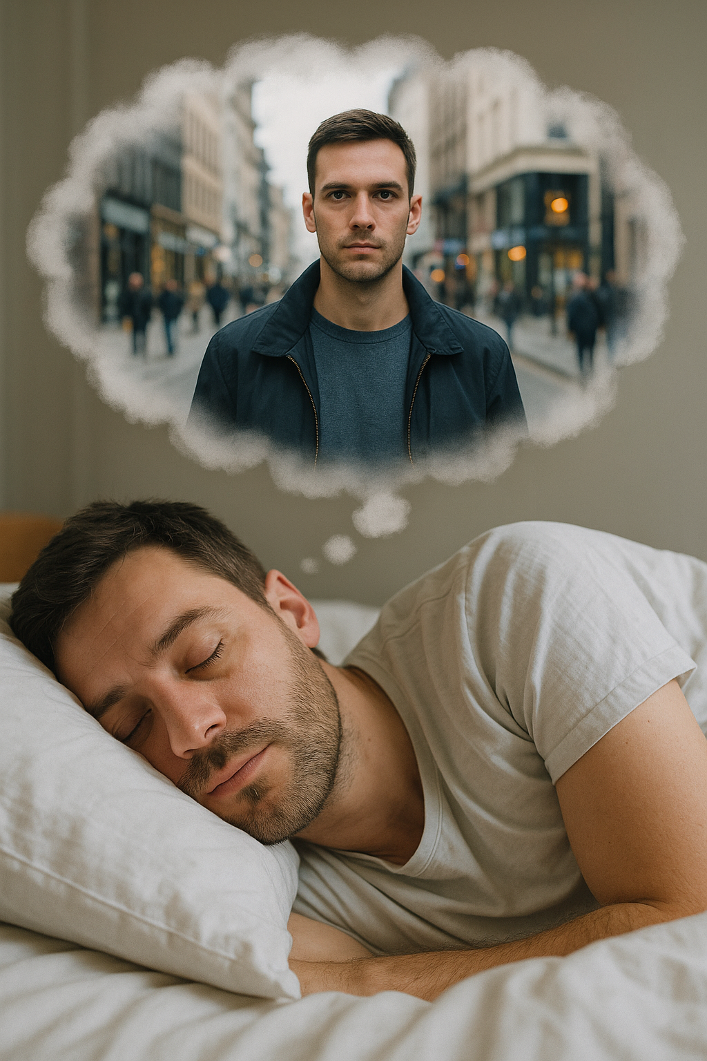 Homem jovem dormindo em uma cama com expressão tranquila, enquanto um balão de pensamento acima de sua cabeça mostra um estranho de aparência séria em uma rua movimentada da cidade. A cena representa o tema "sonhar com desconhecido".