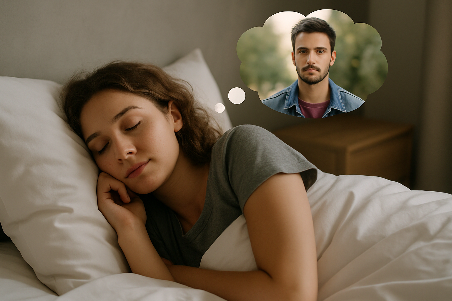sonhar com ex Mulher jovem dormindo tranquilamente em uma cama, com expressão serena. Acima dela, um balão de pensamento mostra um homem, seu ex-namorado, com expressão neutra, em um ambiente ao ar livre e desfocado, sugerindo um sonho nostálgico ou reflexivo