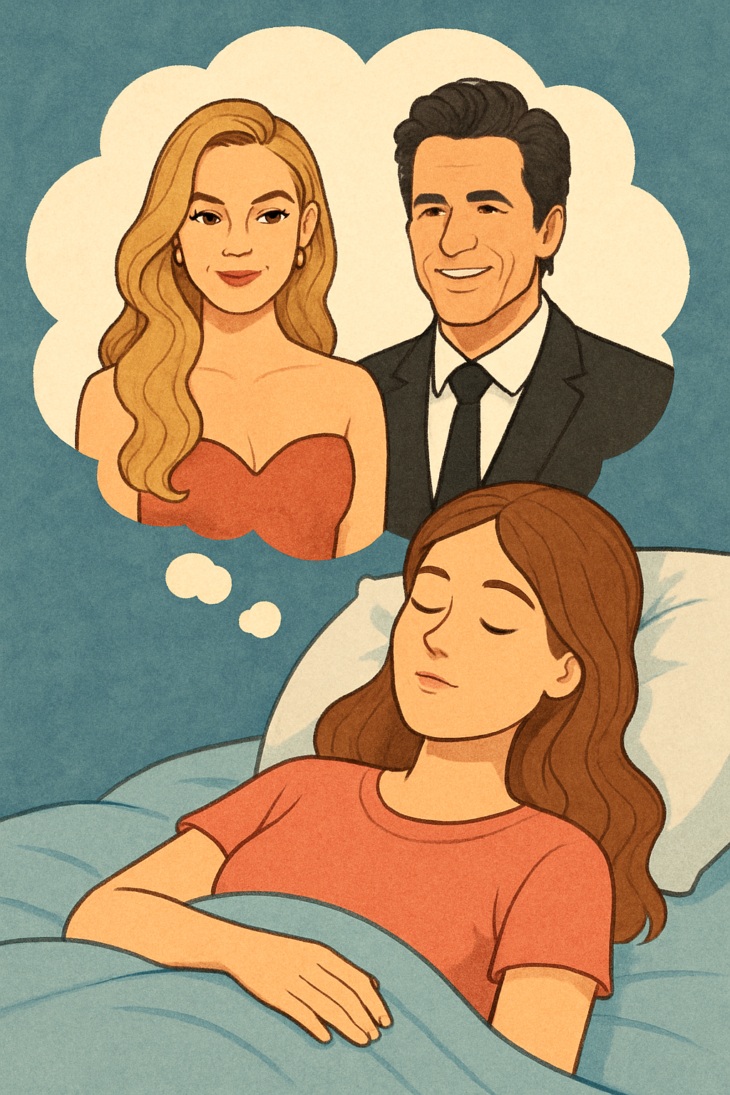 Ilustração de uma jovem deitada na cama dormindo, com expressão tranquila. Acima dela, um balão de pensamento mostra dois famosos: uma mulher loira com vestido vermelho e um homem de terno preto sorridente. A cena representa um sonho com celebridades