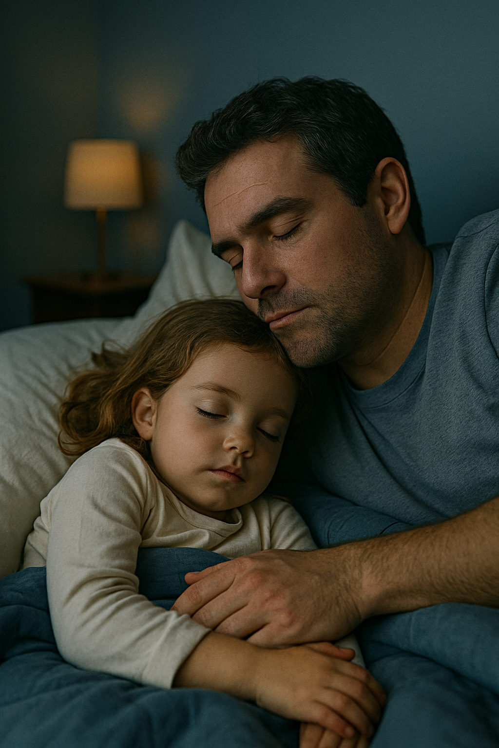  Pai e filha de pele clara dormindo juntos em uma cama, em um ambiente calmo com luz suave, simbolizando carinho, proteção e conexão familiar