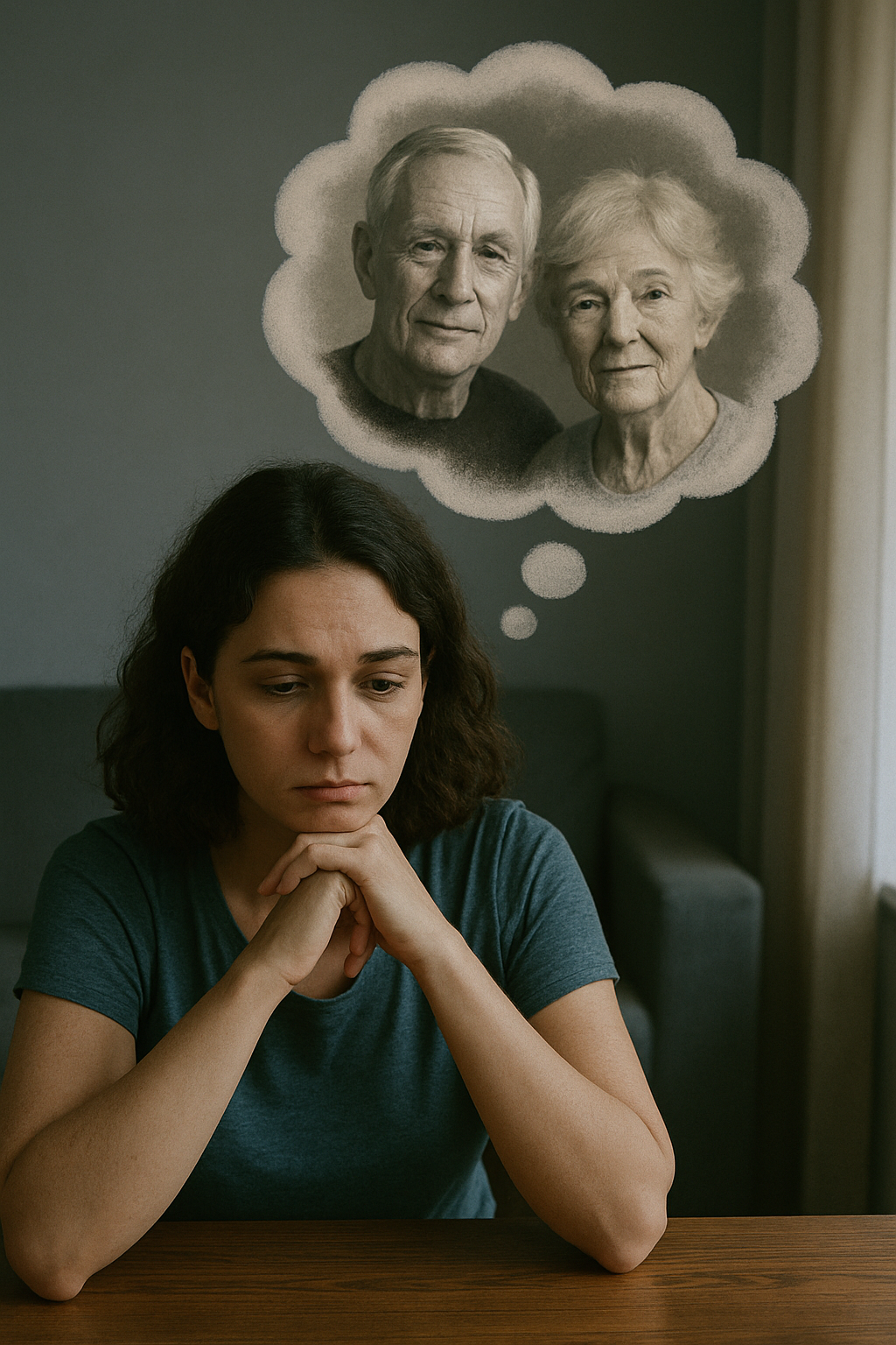 Mulher jovem sentada à mesa com expressão triste e pensativa, apoiando o queixo nas mãos. Acima dela, um balão de pensamento exibe a imagem em preto e branco de um casal idoso, simbolizando lembranças ou saudade de entes falecidos.