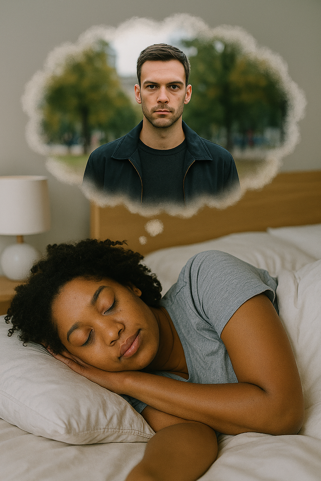 Mulher negra dormindo serenamente em um quarto, com um balão de pensamento revelando a imagem de um homem desconhecido em um cenário urbano desfocado. A composição sugere um sonho com alguém que ela nunca viu.