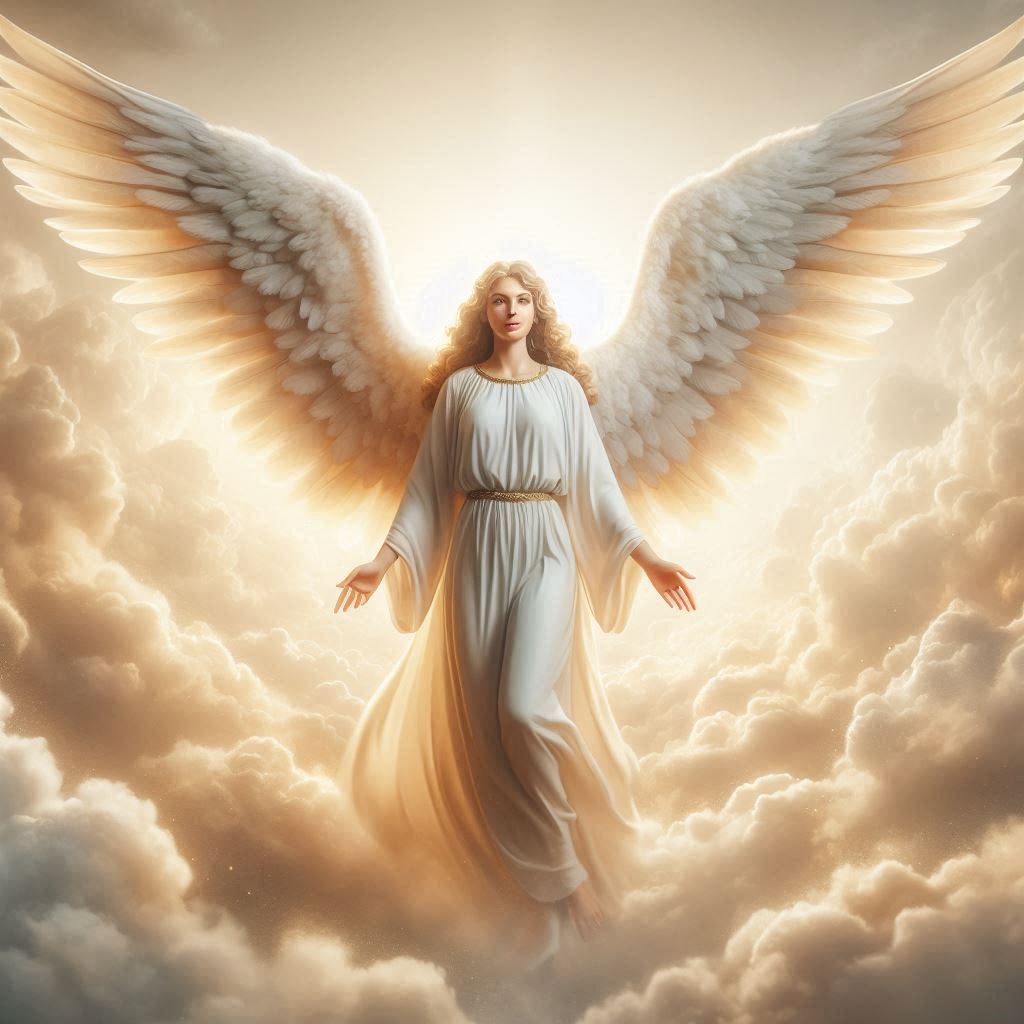 Anjo feminino com longos cabelos loiros e vestes brancas flutuando entre as nuvens douradas, irradiando luz e energia espiritual.
