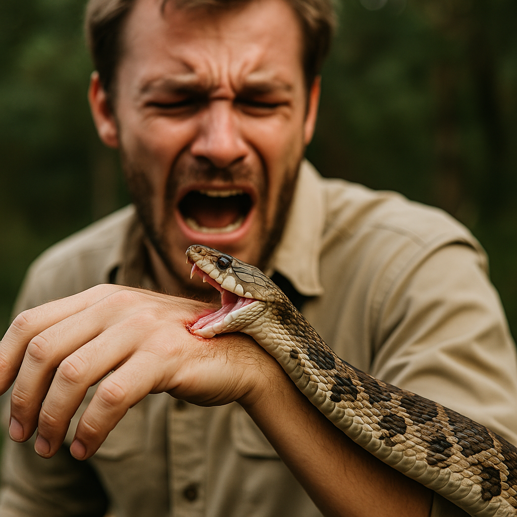 Homem assustado sendo picado por cobra na mão, representando medo, traições e avisos espirituais nos sonhos com cobras.