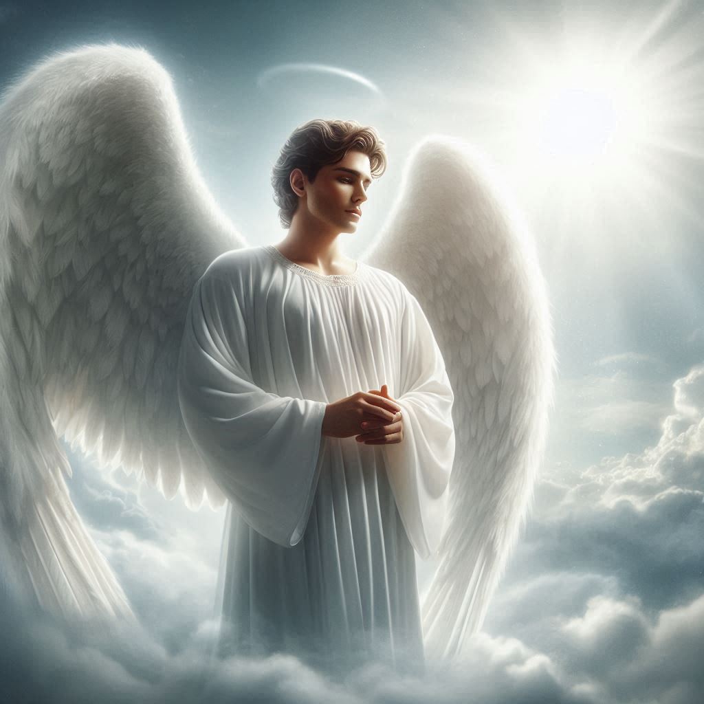 Anjo de luz com túnica branca e asas abertas, em pé sobre nuvens sob um céu iluminado pelo sol, simbolizando paz celestial.