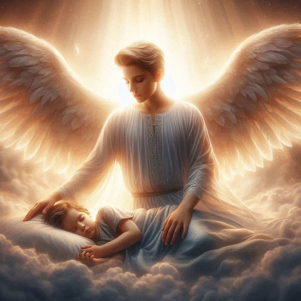 Anjo protetor com asas brilhantes sentado ao lado de uma criança dormindo entre nuvens, transmitindo serenidade e proteção divina.