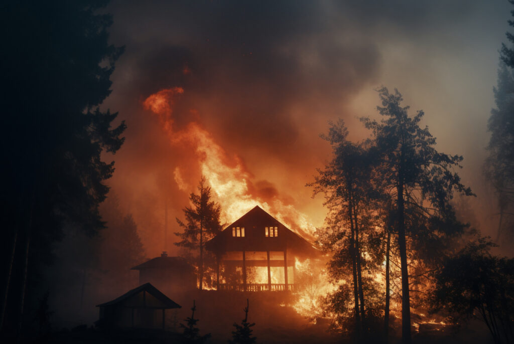 Casa em meio a incêndio florestal, rodeada por árvores em chamas.