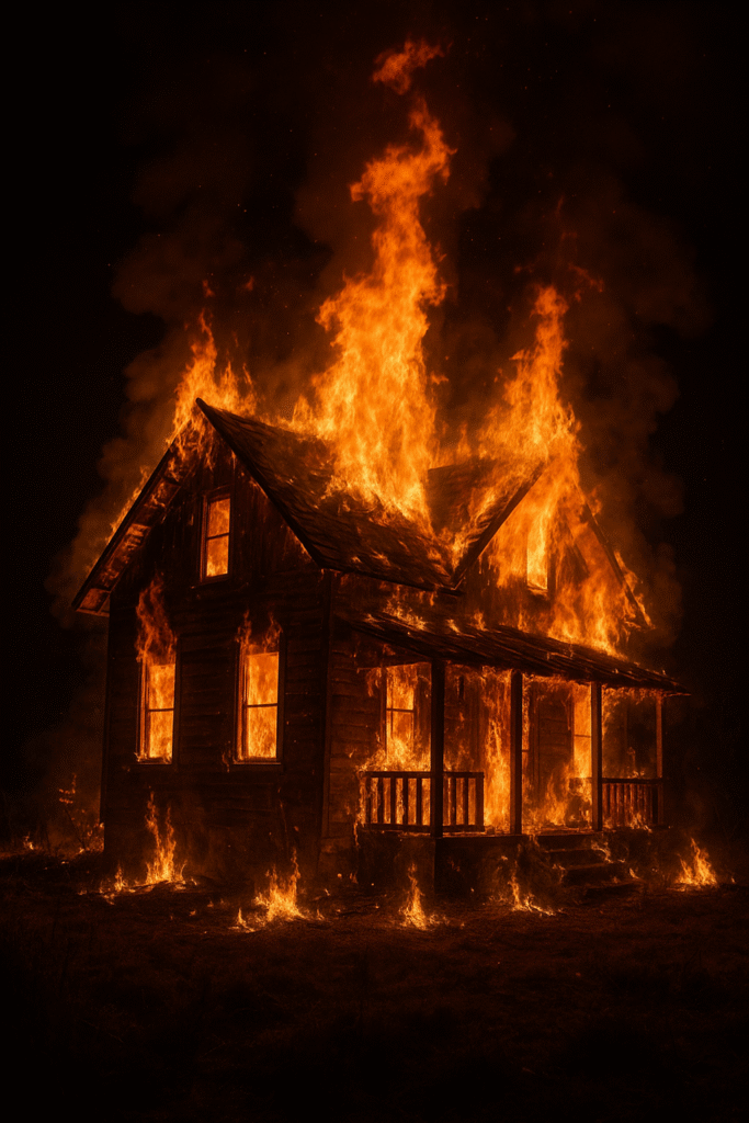 Casa de madeira em chamas durante a noite, cercada por labaredas intensas.