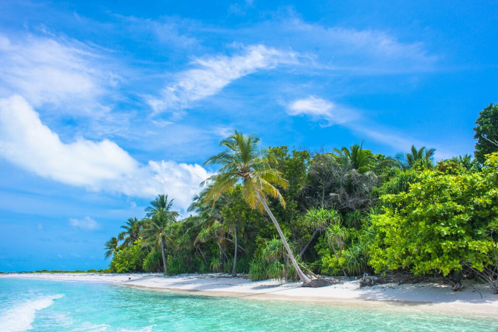 Ilha deserta com areia branca, mar turquesa e vegetação tropical, representando isolamento e autoconhecimento nos sonhos.
