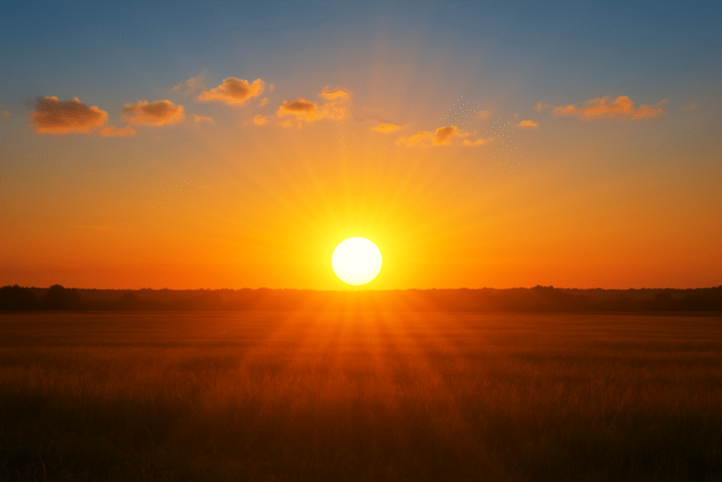 Nascer do sol iluminando o campo aberto simbolizando novos começos, esperança e oportunidades nos sonhos.