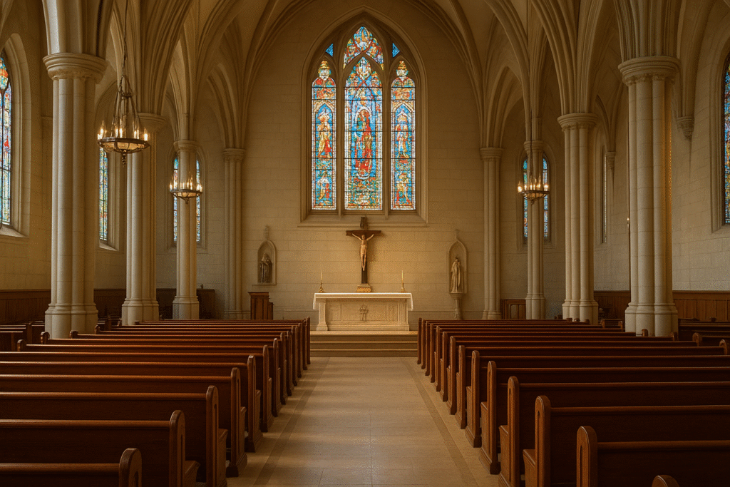 Igreja em estilo gótico com vitrais coloridos e altar central, simbolizando sonhar com igreja.