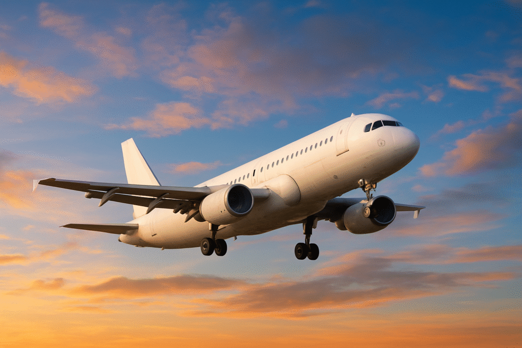 Avião comercial voando no céu durante o pôr do sol, simbolizando sonhos com viagem e liberdade.