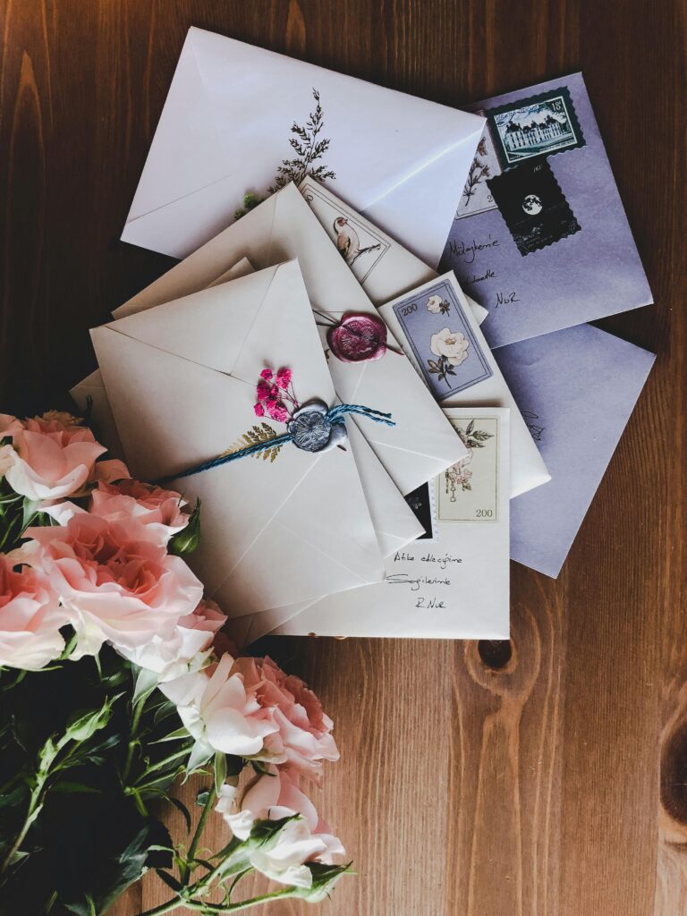 Cartas decoradas com selos, flores e detalhes artísticos, associadas a sonhos com cartas de amor