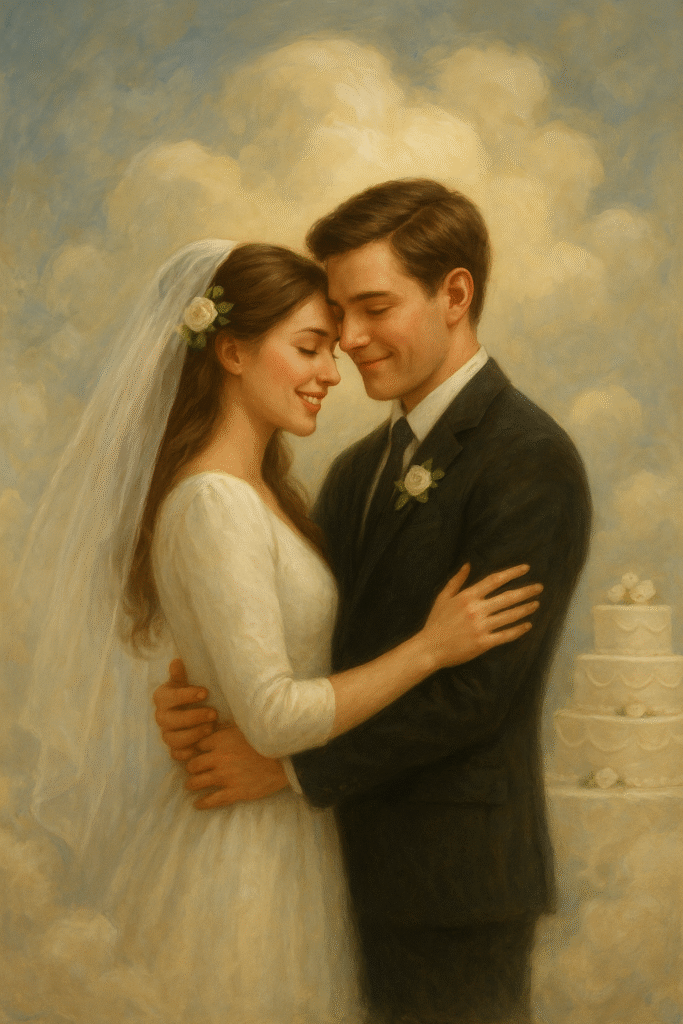 Casal sorridente em pintura romântica de casamento, representando sonhos com felicidade e união eterna.