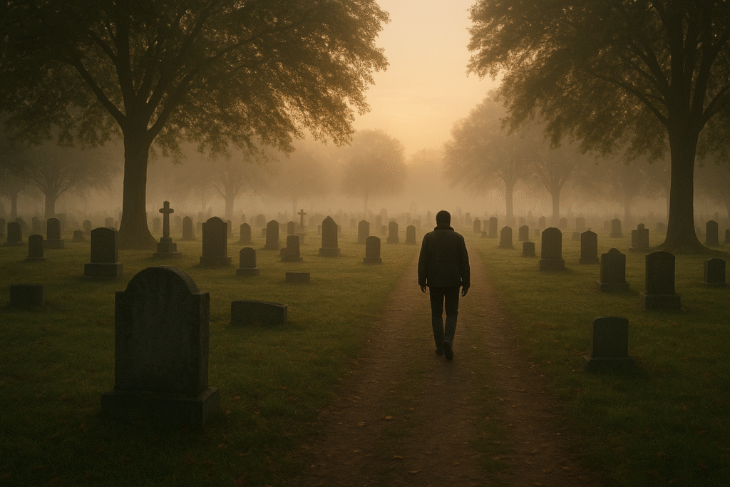 Homem caminhando sozinho por um cemitério com neblina, simbolizando reflexão ao sonhar com cemitério.