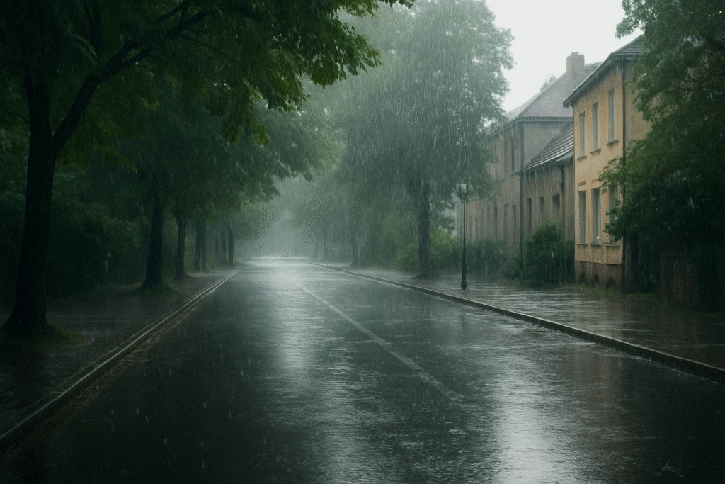Rua tranquila durante o dia com árvores e casas, enquanto a chuva cai suavemente, simbolizando sonhar com chuva.