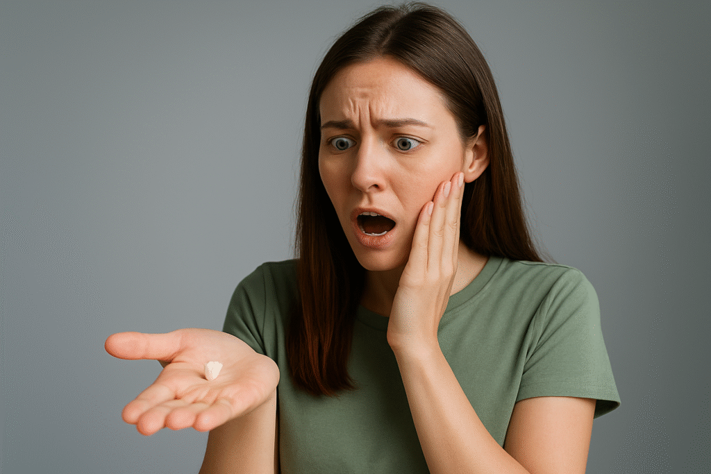 Mulher assustada segurando um dente na mão, simbolizando sonho de perder dente