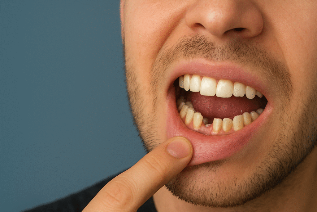 Pessoa mostrando dente quebrado, associado a sonhos com dente estragado