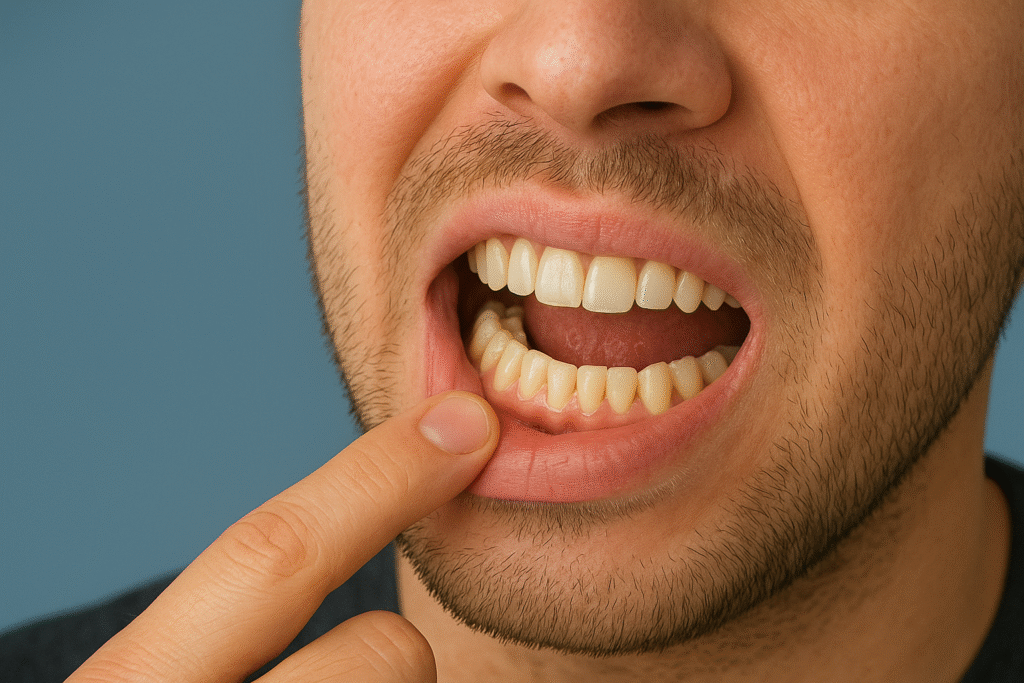 Close-up de dente inferior sendo apontado, representando sonho com dente caindo