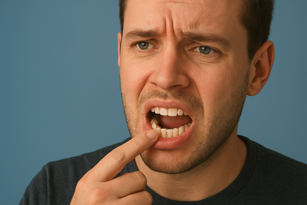Homem preocupado apontando para o dente, simbolizando sonho com problemas dentários
