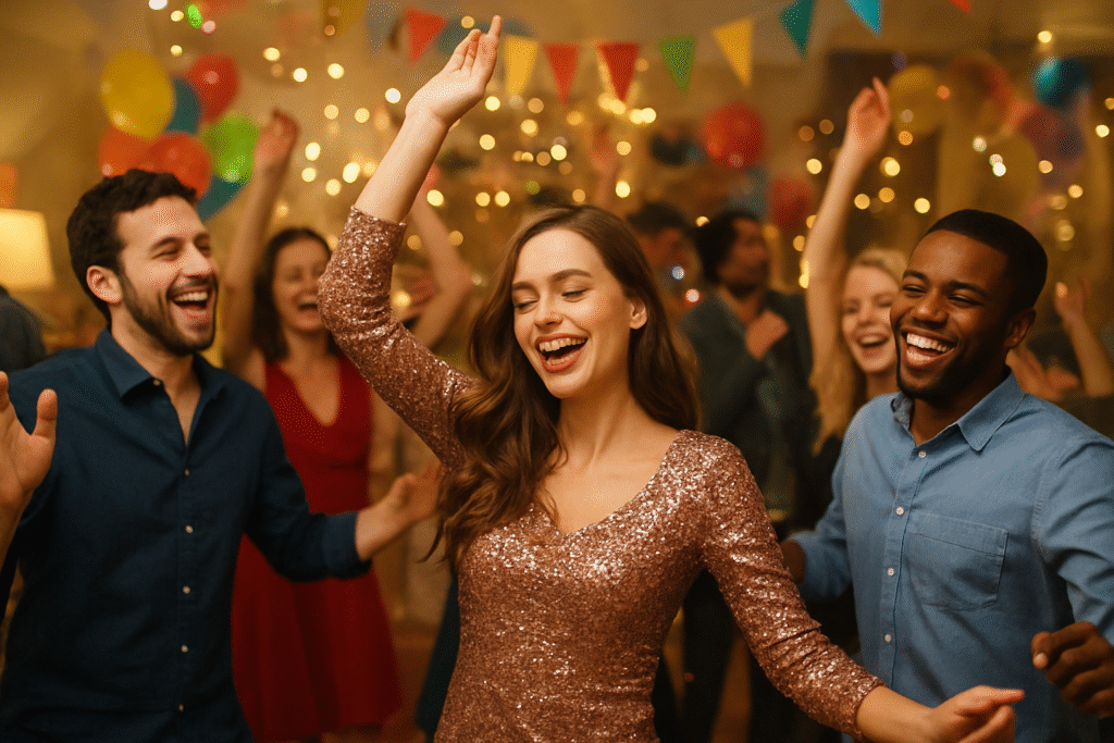 Mulher sorrindo e dançando animada em uma festa, simbolizando alegria em sonhar com festa.