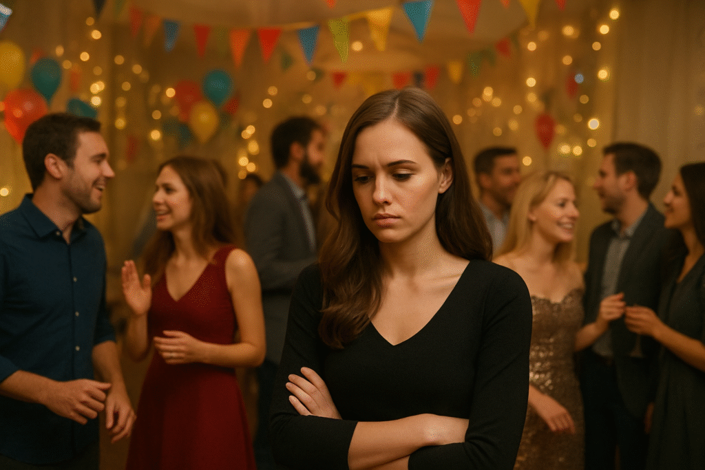 Mulher triste e isolada durante uma festa, simbolizando sentimentos de solidão ao sonhar com festa.