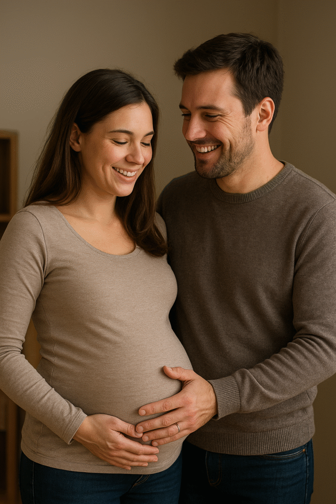 Casal acariciando a barriga da gestante, representando amor, cuidado e expectativa nos sonhos com gravidez.