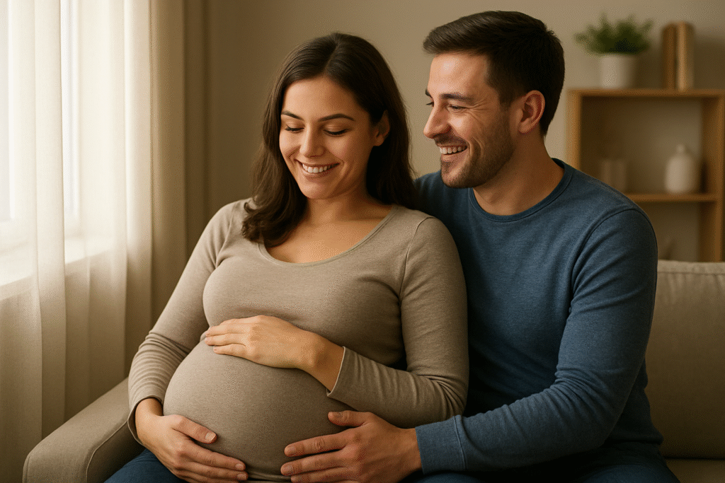 Mulher grávida sorrindo ao lado do parceiro, simbolizando alegria e expectativas da gravidez nos sonhos.