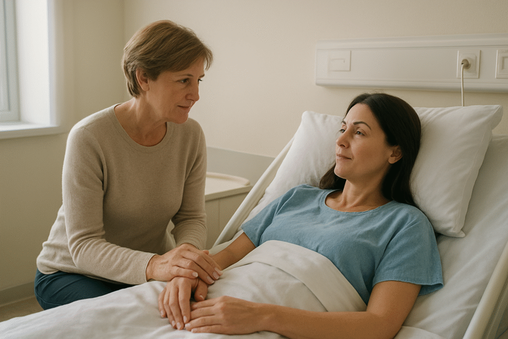 sonhar com hospital, paciente deitada em cama de hospital recebendo apoio de familiar em sonho