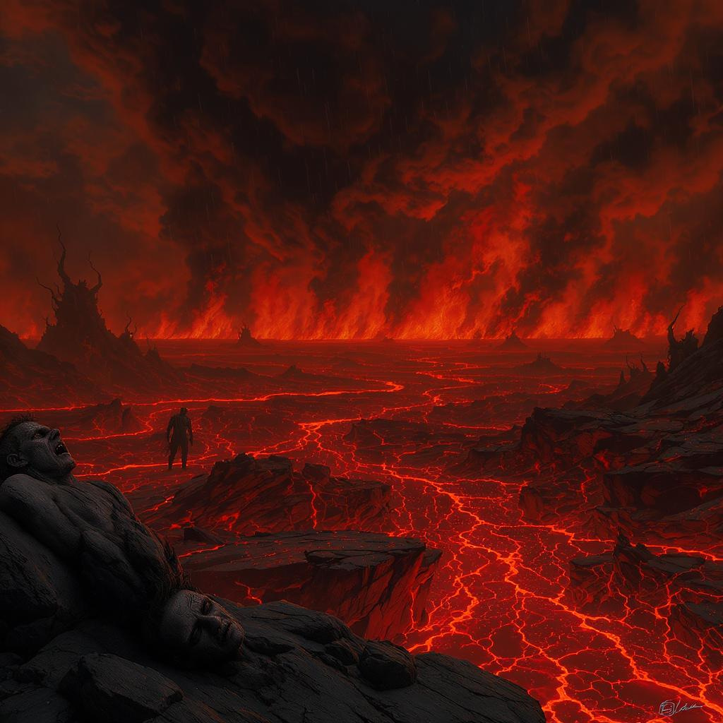 Campo de lava ardente com pessoas sofrendo, ilustrando visão do inferno.