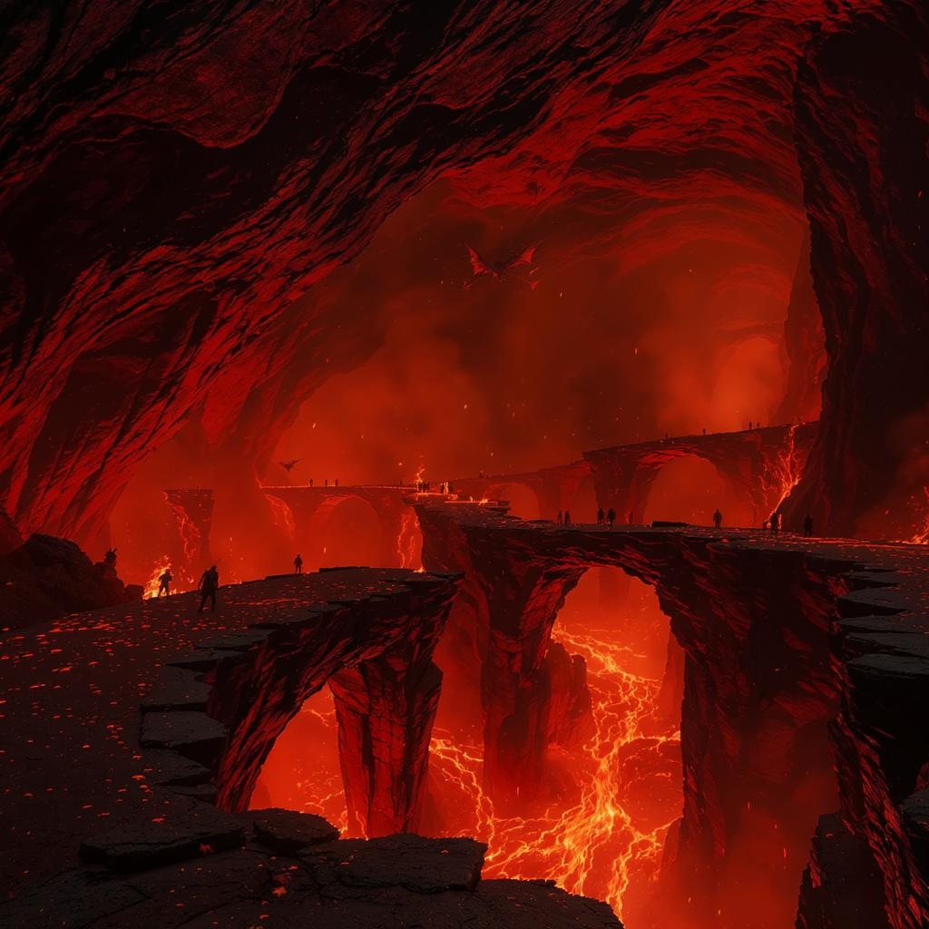 Paisagem sombria com rios de lava e pontes atravessando o cenário, remetendo ao inferno.