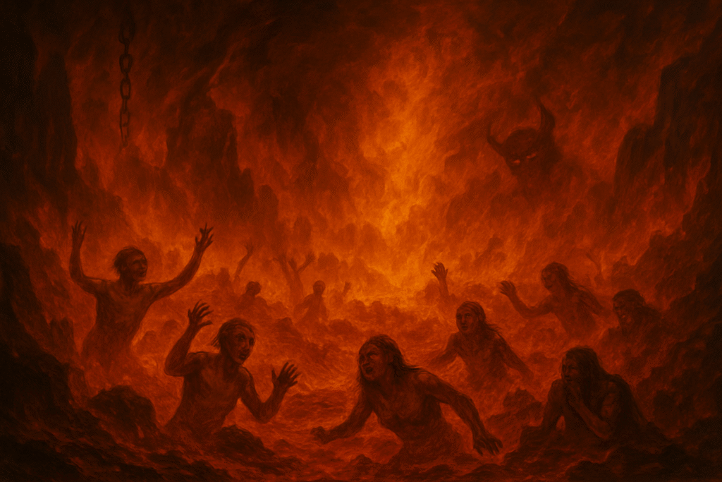 Representação artística de pessoas sofrendo no inferno cercadas por fogo e presença demoníaca.