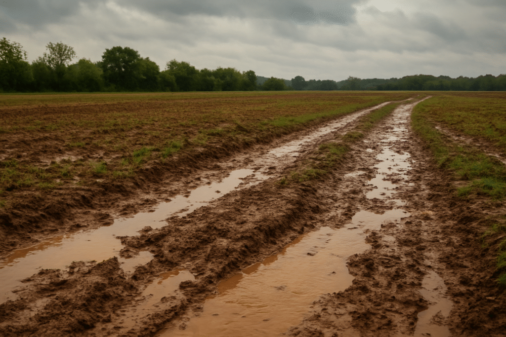 Caminho rural tomado por lama e marcas de pneus após a chuva, representando situações complicadas nos sonhos.