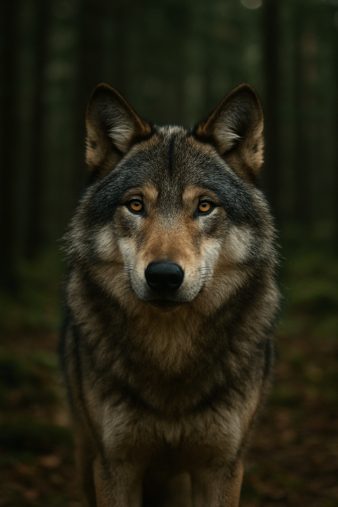 Lobo selvagem encarando diretamente na floresta, simbolizando sonho com lobo.