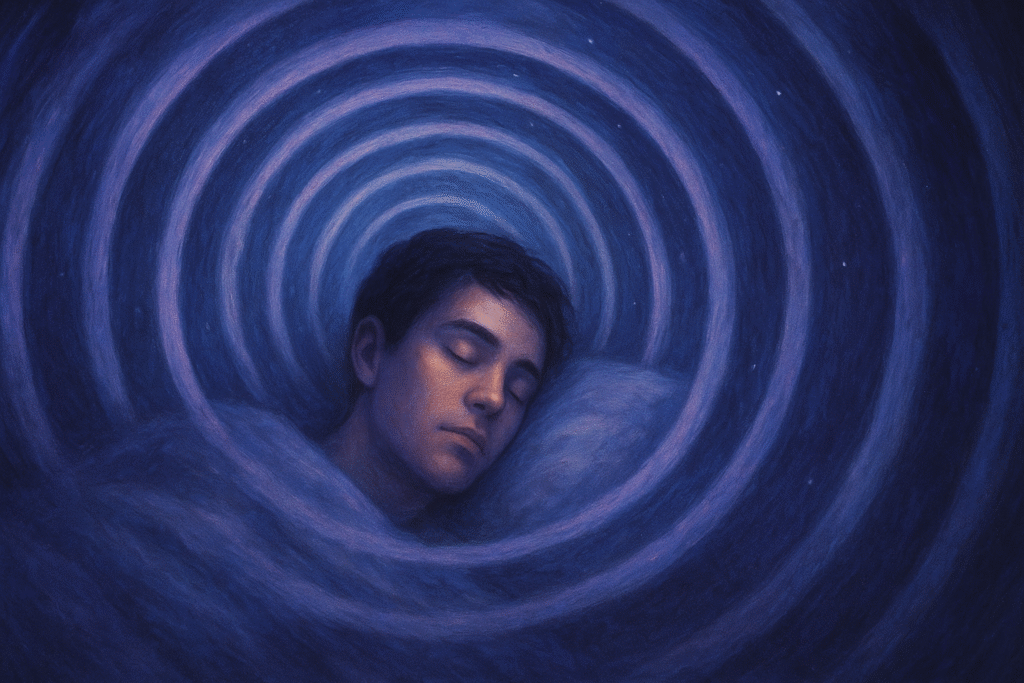 Jovem dormindo profundamente cercado por círculos azuis concêntricos, simbolizando ciclos de sonhos e pensamentos recorrentes.