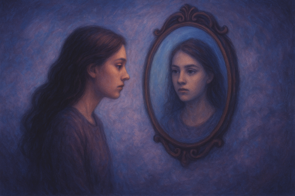 Mulher olhando seu reflexo no espelho com expressão pensativa, simbolizando autoconhecimento e repetição de sentimentos.