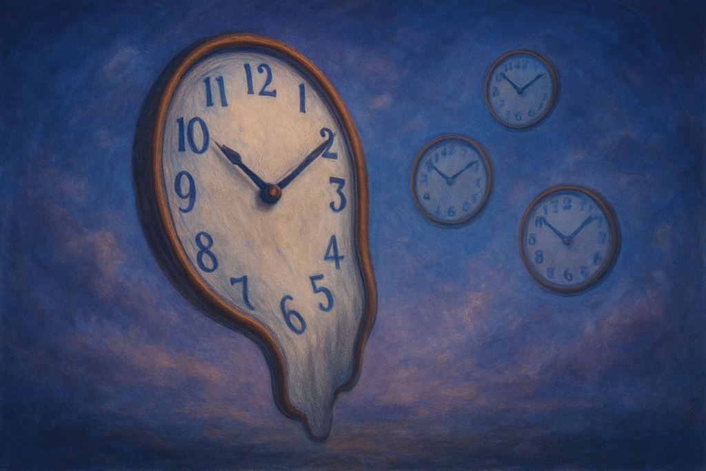 Relógios distorcidos em fundo azul, representando a percepção do tempo e a repetição dos sonhos.