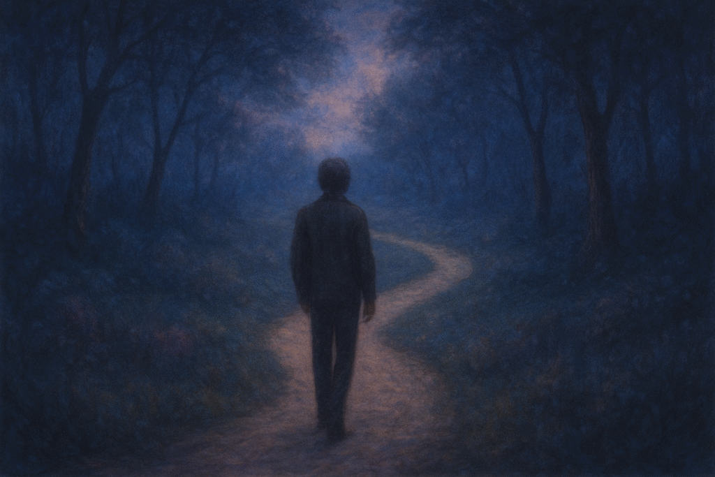 Pessoa caminhando sozinha por uma trilha em meio a uma floresta azulada, simbolizando reflexão e repetição de caminhos na vida.