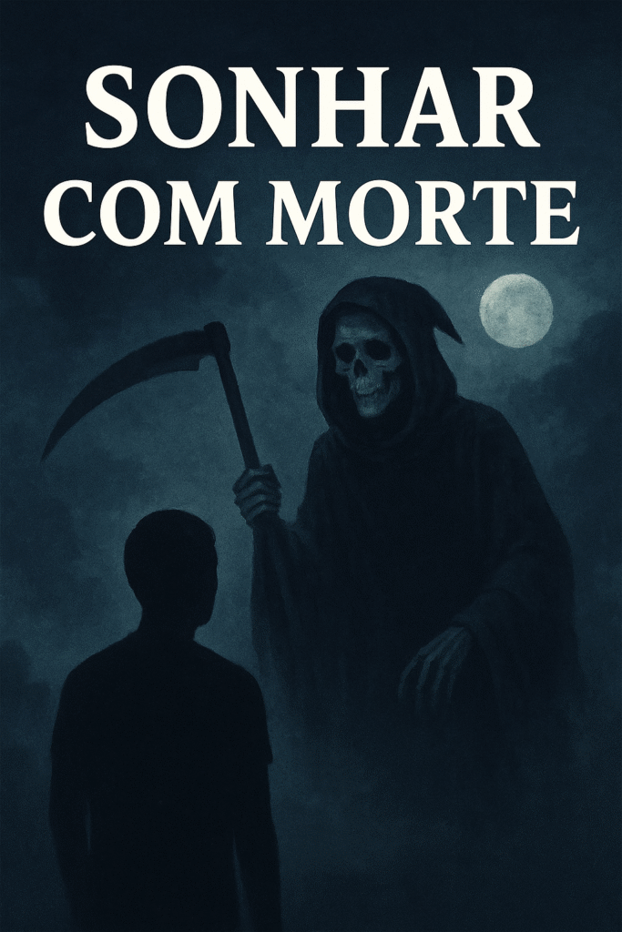 Representação da Morte com foice ao lado de uma pessoa sob a lua cheia.