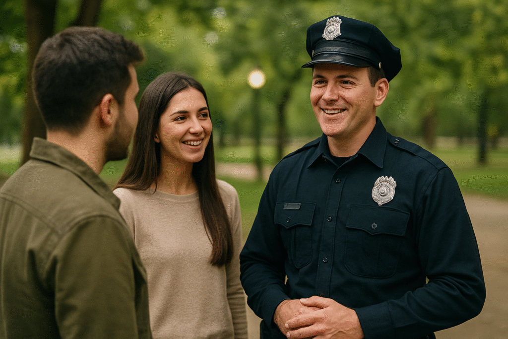 Policial sorridente conversando com casal em um parque, representando proteção e confiança em sonhos.