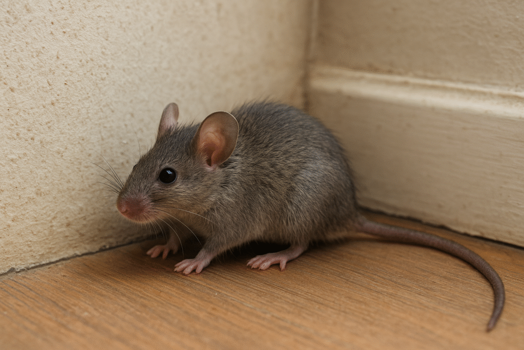Rato cinza escondido no canto da parede, remetendo a medos e situações ocultas.